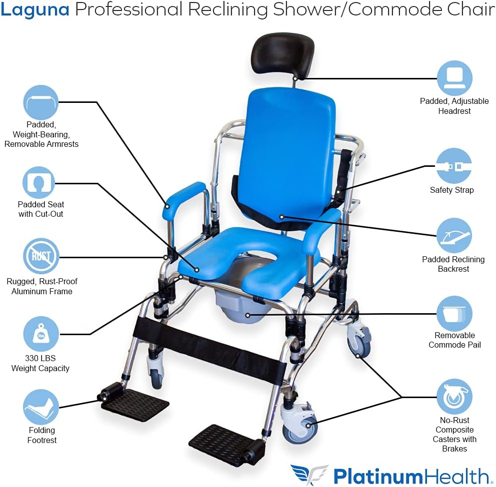 Platinum Health Laguna Professional Reclining Shower Chair with Wheels, Institutional Quality Adjustable Tilting Commode Seat for Shower and Bathtub for Elderly & Disabled, Padded Seat, Back, Armrests