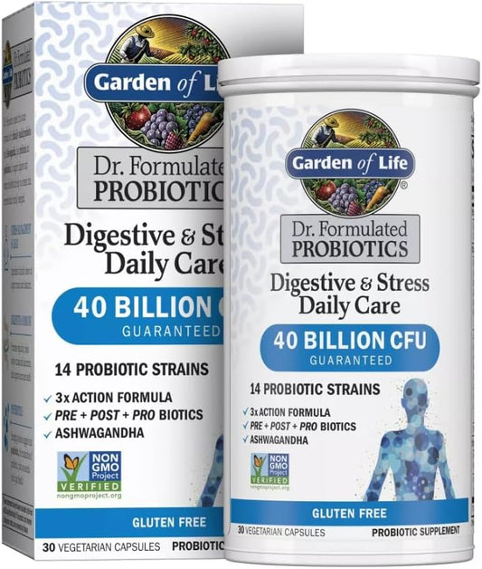 Garden of Life Probiotic Supplement Capsules, Dr. Formulated Digestive + Stress - 30ct, 1 Bottle, Gluten-Free, 30 Servings