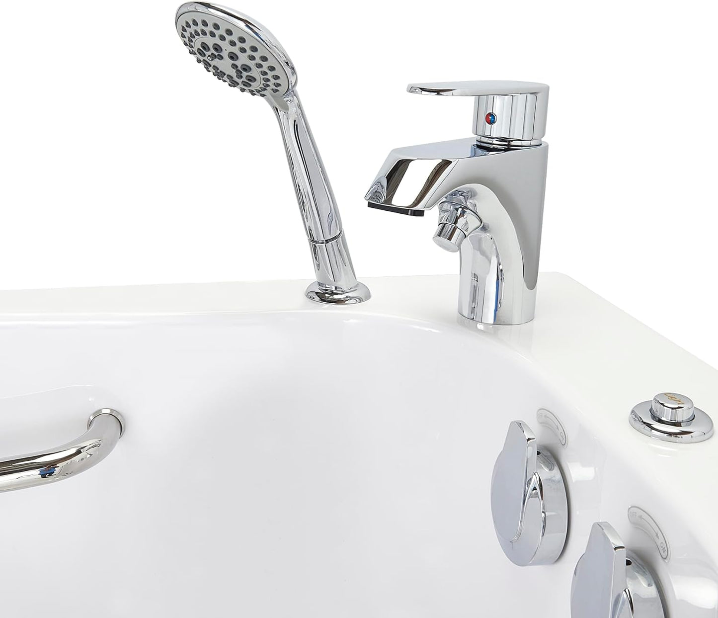 Ella Wheelchair Transfer 26"x52" Acrylic Soaking Walk-In-Bathtub, Left Outward Swing Door, Heated Seat, 2 Piece Fast Fill Faucet, 2" Dual Drain