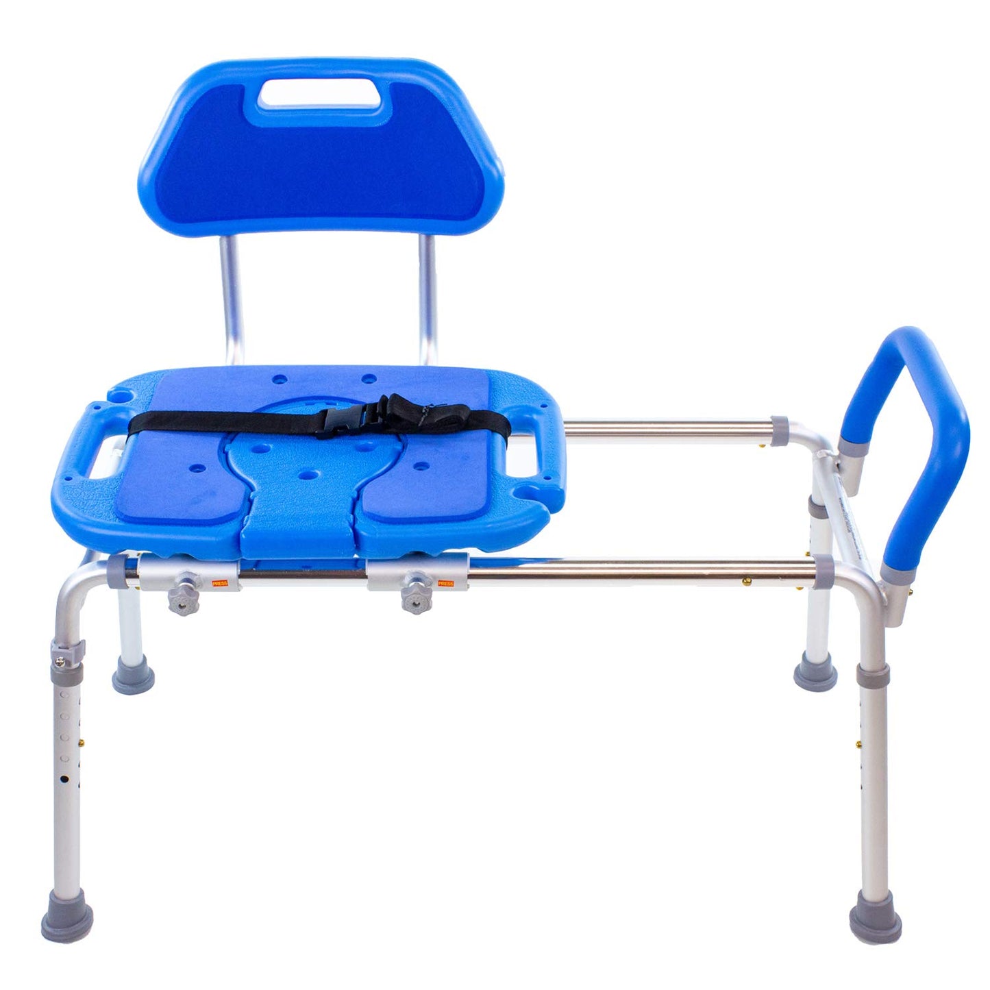 Platinum Health Sliding Shower Chair HydroGlyde Premium Heavy Duty, Padded Bathtub Transfer Bench with Cut Out Seat, for Bath Tub, Adjustable Legs, and Safety Belt, Quick Tool-Less Assembly, Blue