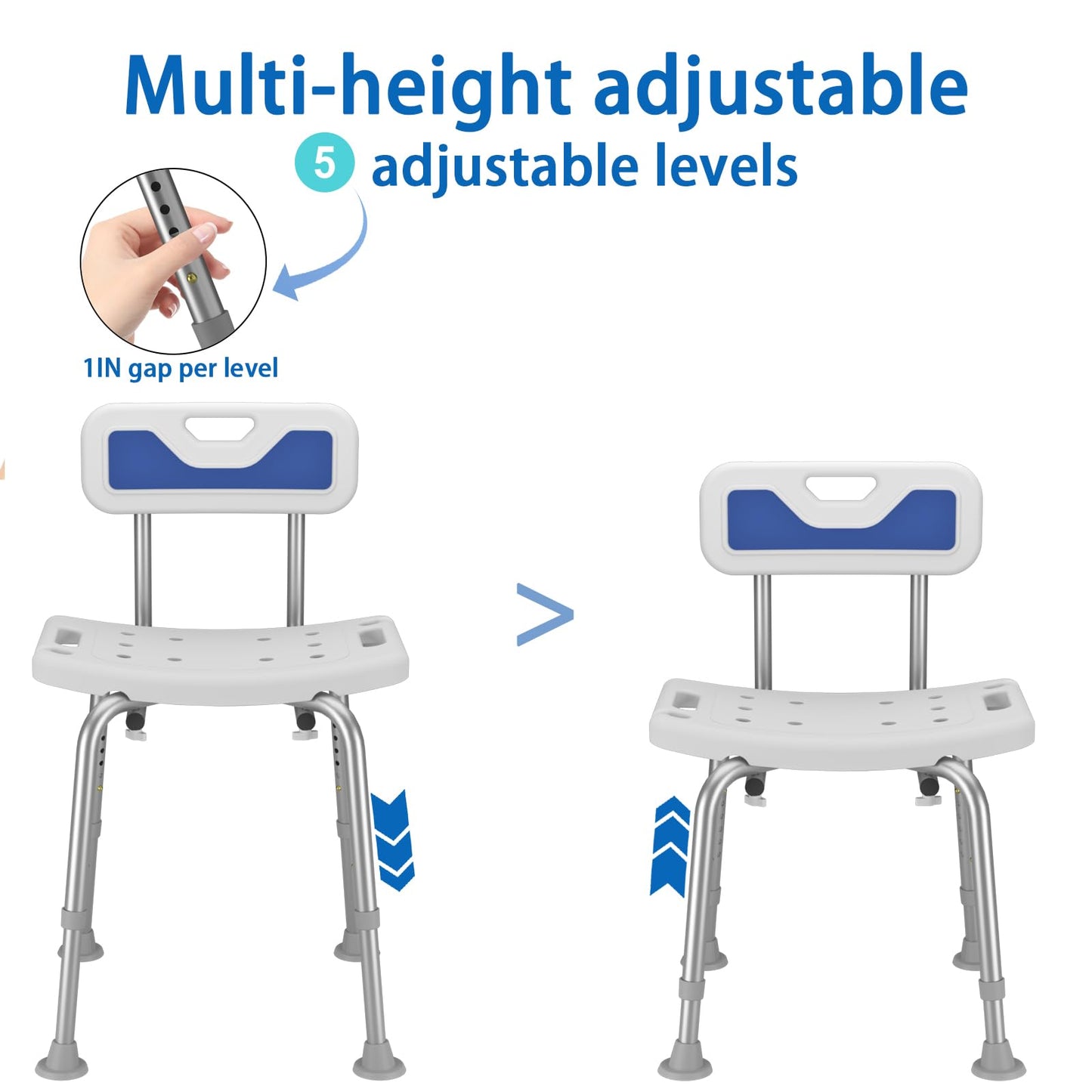 Adjustable Small Stool Shower Chair for Seniors Elderly Handicap Disabled Bariatric Adults Or Women with Back Heavy Duty 500 Lbs Bench Seat for Inside Shower Stall Bathroom Bath Tub Seats Chairs