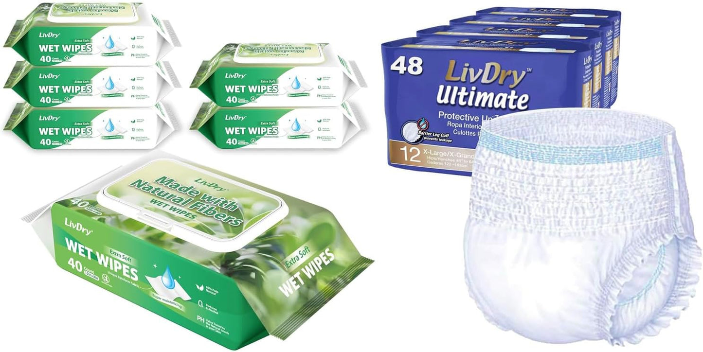 LivDry Ultimate XL 48 Count Adult Incontinence Underwear and LivDry Adult Wet Wipes 240 Count Bundle