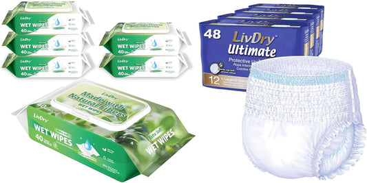 LivDry Ultimate XL 48 Count Adult Incontinence Underwear and LivDry Adult Wet Wipes 240 Count Bundle