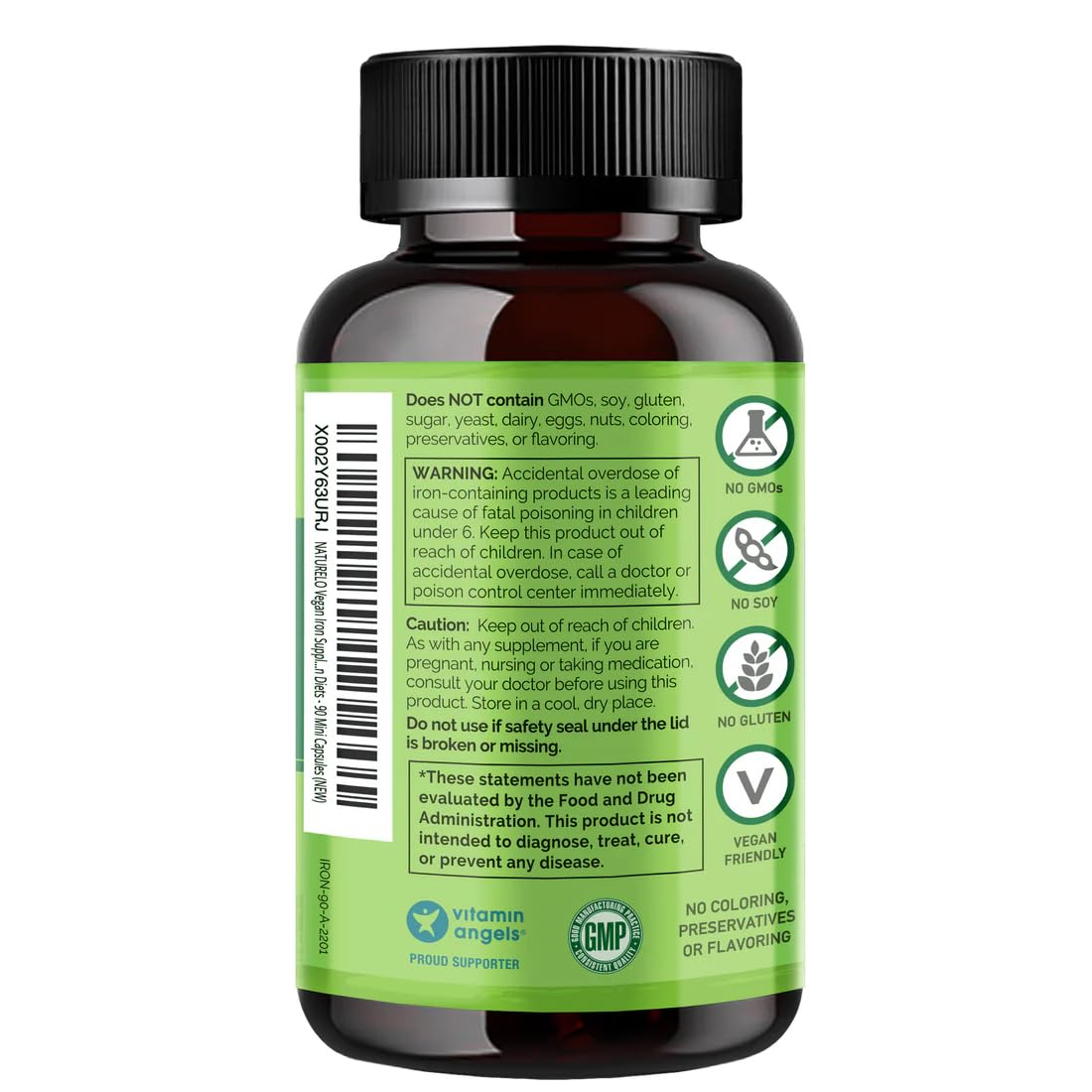 NATURELO Vegan Iron Supplement with Vitamin C and Organic Whole Foods - Gentle Iron Pills for Women & Men with Iron Deficiency Including Pregnancy, Anemia and Vegan Diets - 90 Mini Capsules