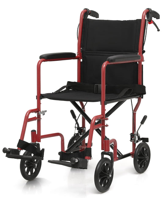 Lightweight Foldable Transport Wheelchair with Handbrakes, 16" Wide Seat for Adults Seniors Easy Transfers, 250lbs, Blue