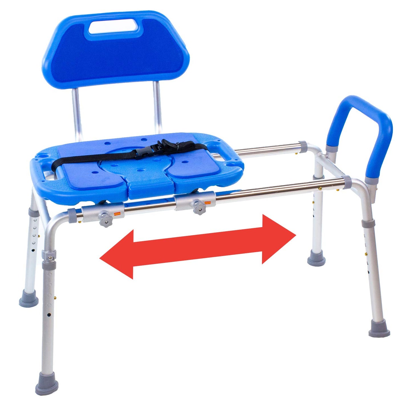 Platinum Health Sliding Shower Chair HydroGlyde Premium Heavy Duty, Padded Bathtub Transfer Bench with Cut Out Seat, for Bath Tub, Adjustable Legs, and Safety Belt, Quick Tool-Less Assembly, Blue