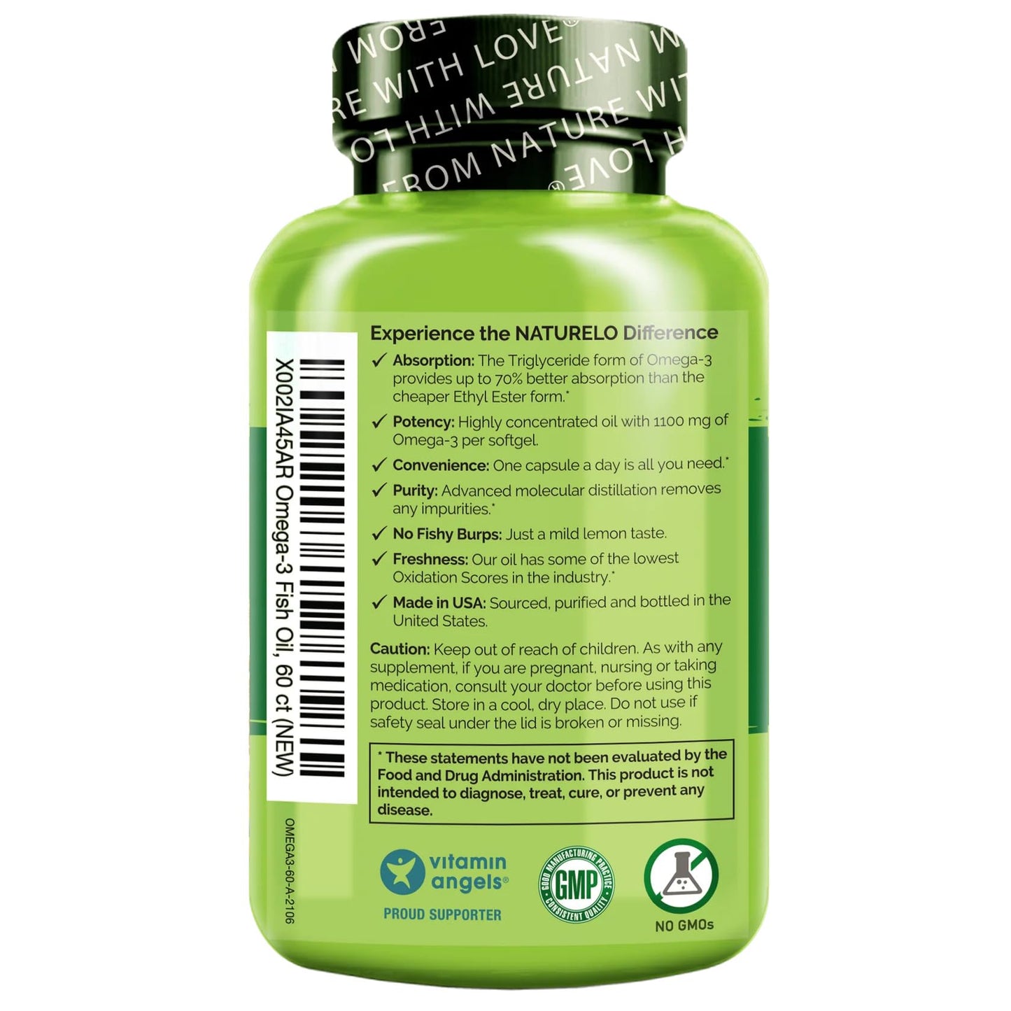 NATURELO Burpless Omega 3 Fish Oil Supplement - 1100mg Triglyceride Omega-3, EPA + DHA, Liquid Fish Oil Omega 3 for Heart, Eye, Brain, Joint Health - 120 Softgels, 4 Months Supply