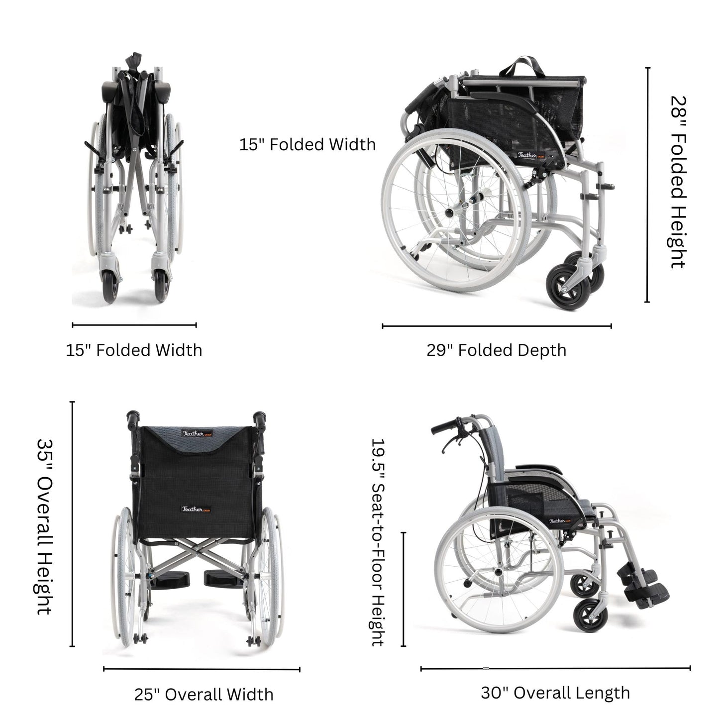 Feather Mobility - Red Cushion 13.5lb Silver Frame Lightweight Folding Wheelchair - Seat Width 18" with Swingaway Legrests, Anti-tippers, and Quick Release Wheels