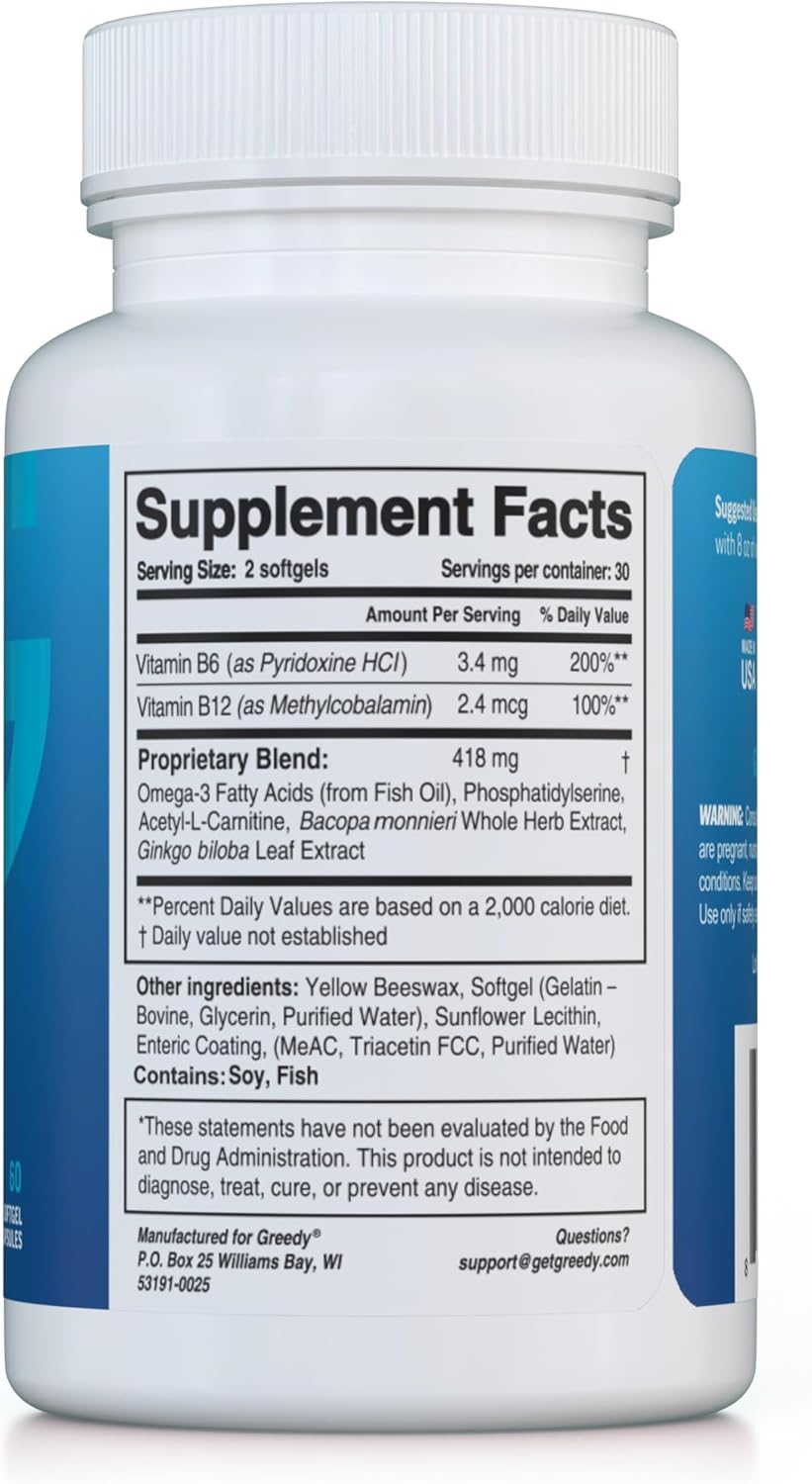 Greedy® Essential Brain Health™ – Nanotechnology Brain Supplement Supports Mental Alertness, Memory, Focus & Concentration. NanoCap® with Bacopa, Ginkgo, Phosphatidylserine, B Vitamins – 60 Softgels