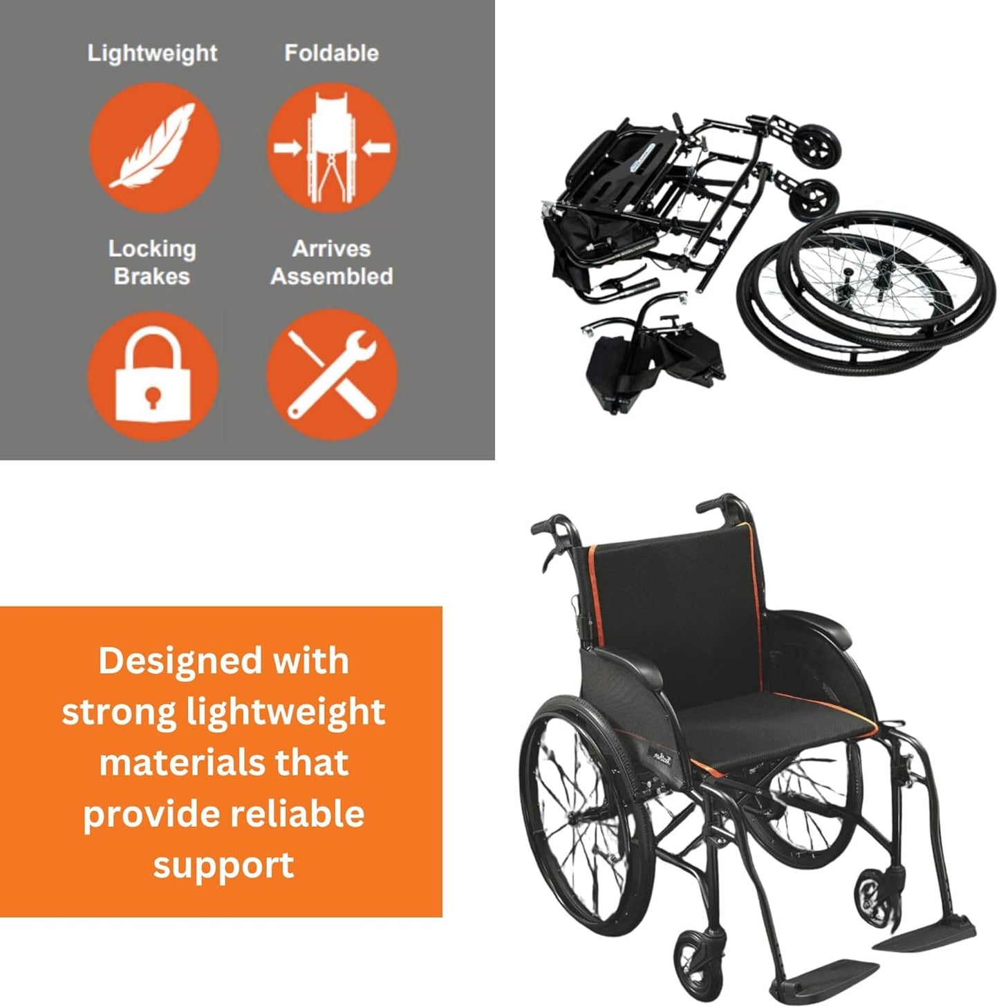 FeatherMobility - 13.5lb Frame - Black Cushion Black Frame Lightweight Folding Wheelchair - with Swingaway Legrests, Anti-tippers, and Quick Release Wheels