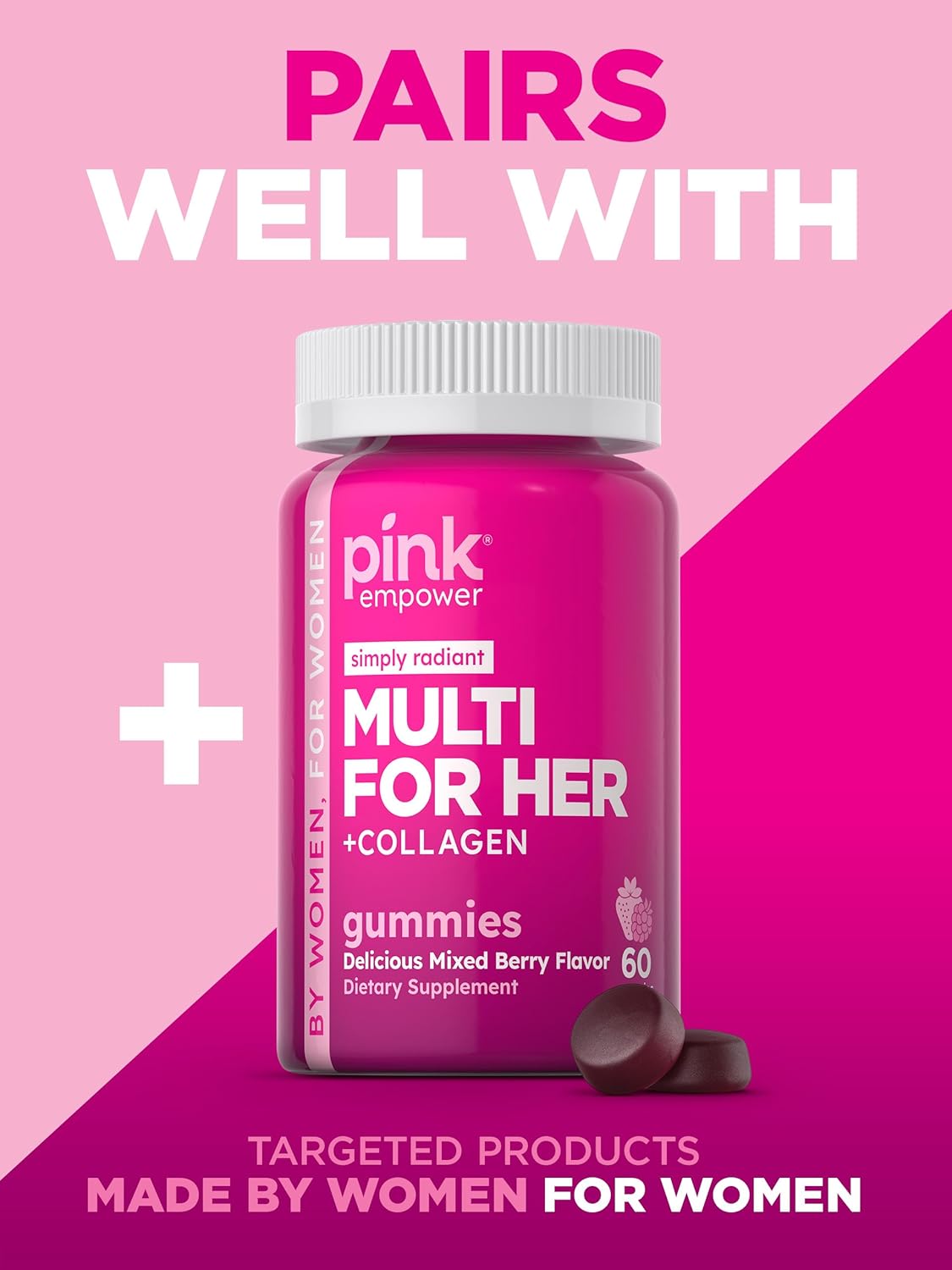 PINK Hair Skin Nails Gummies | 60 Count | Plus Collagen & Biotin | Non-GMO & Gluten Free Vitamins for Women | Strawberry Flavor