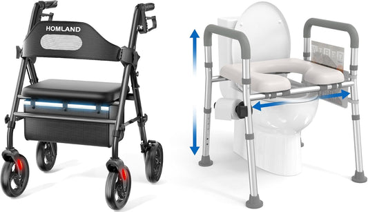 Rollator Walker with Seat and Raised Toilet Seat with Handles