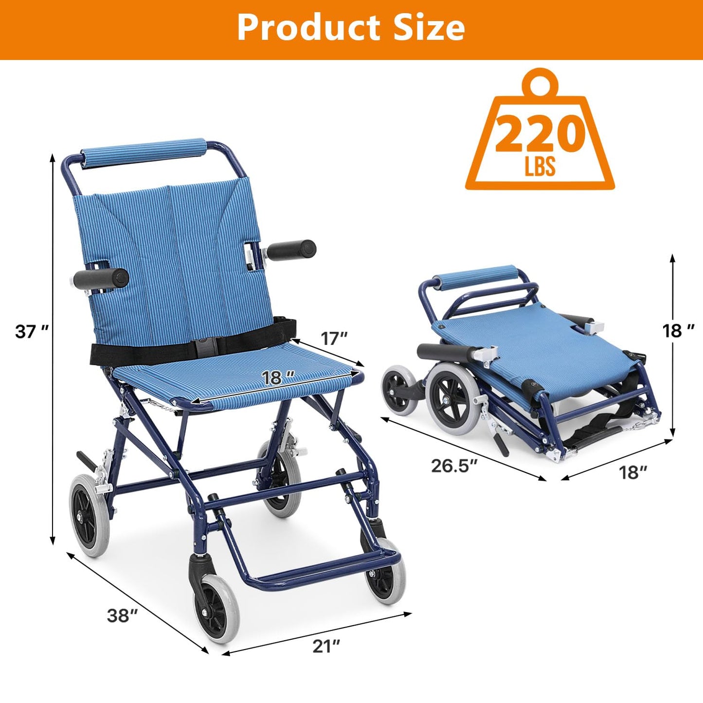 Lightweight Foldable Transport Wheelchair with Flip Back Armrest and Foldable Pedal, 18" Wide Seat for Adults Seniors Easy Transfers, 250lbs, Blue