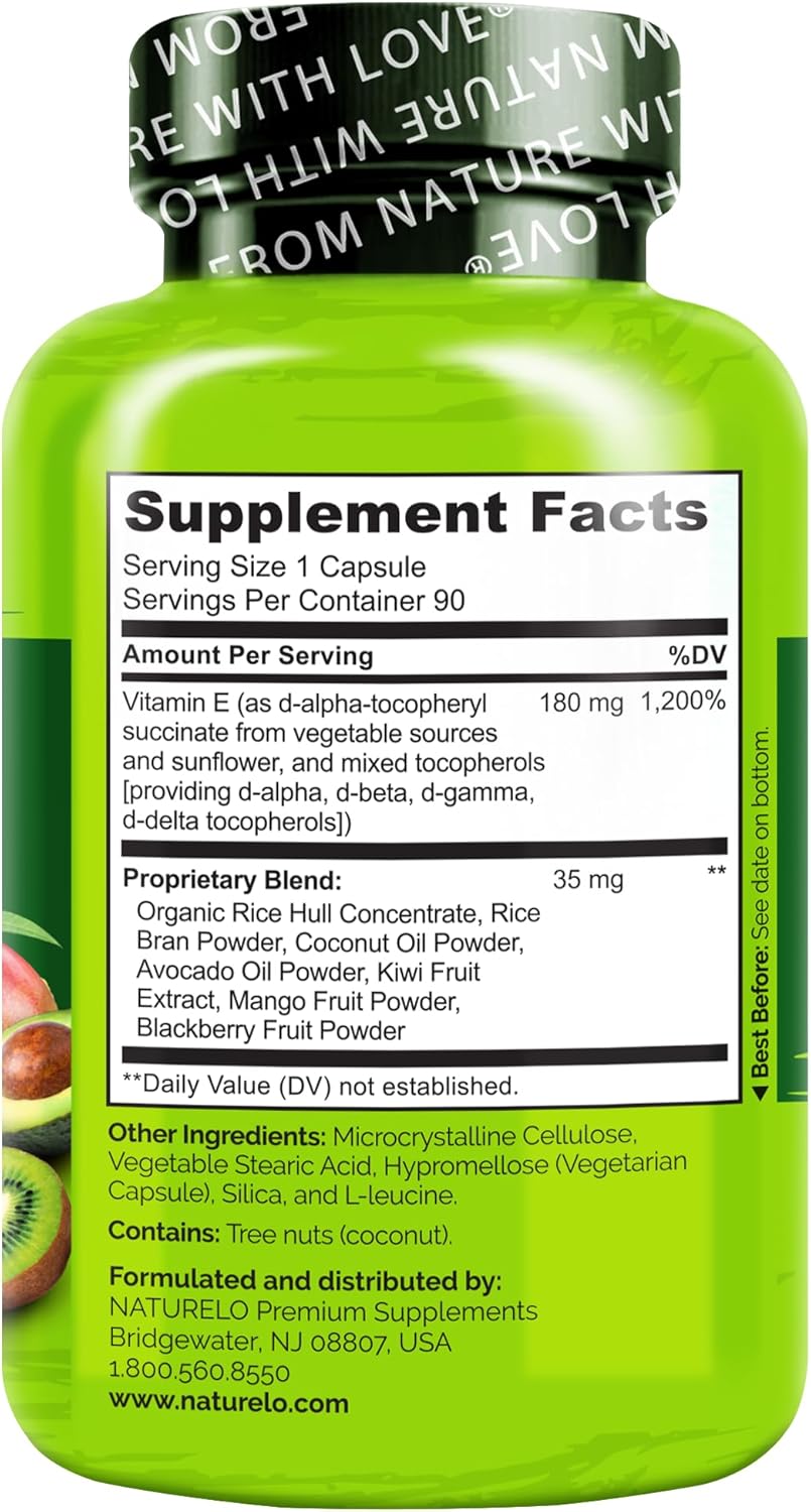 NATURELO Vitamin E - 180 mg (300 IU) of Natural Mixed Tocopherols from Organic Whole Foods - Supplement for Healthy Skin, Hair, Nails, Immune & Eye Health - Non-GMO, Soy Free - 90 Vegan Capsules