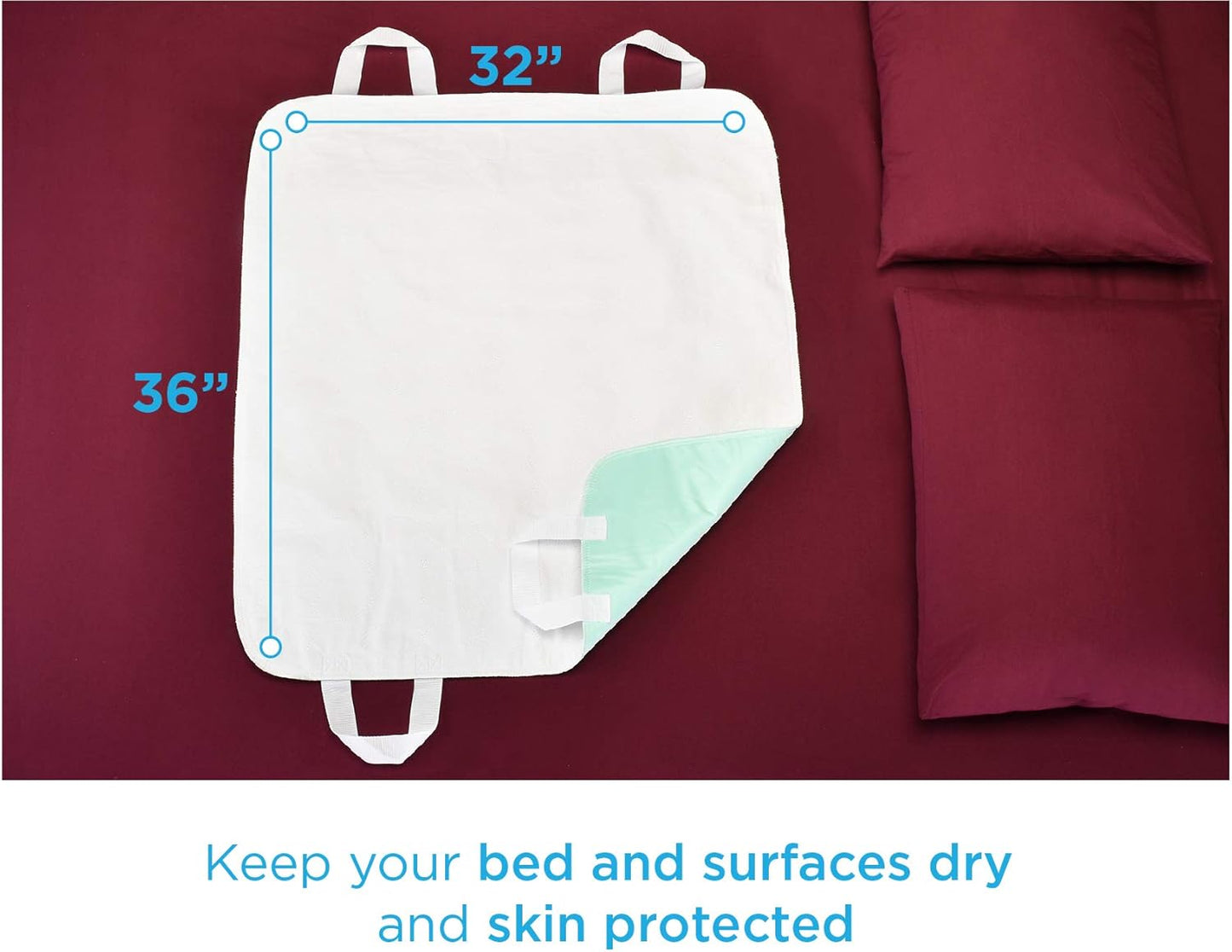 NOVA Waterproof Reusable Underpad with 4 Positioning Strap Handles, 100% Cotton Skin Soft Top Layer, Washable Incontinence Bed & Surface Overlay, Super Absorbent, 32” x 36”