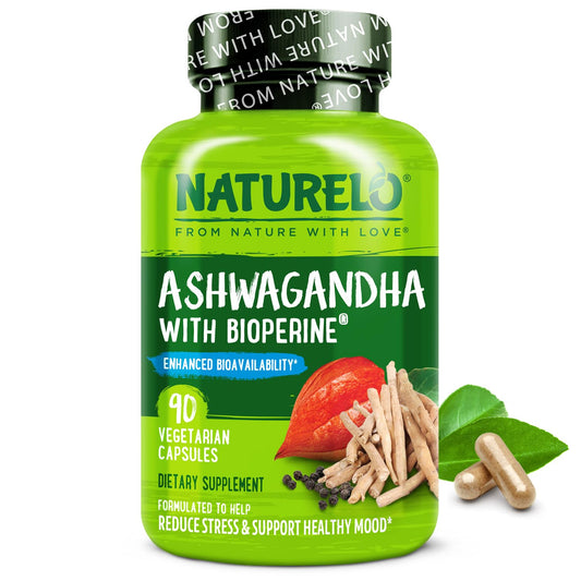 NATURELO Ashwagandha Organic Root Powder - Natural Herbs Supplement for Fatigue, Stress Relief, Mood Enhancer - with Black Pepper Extract - 90 Vegan Capsules