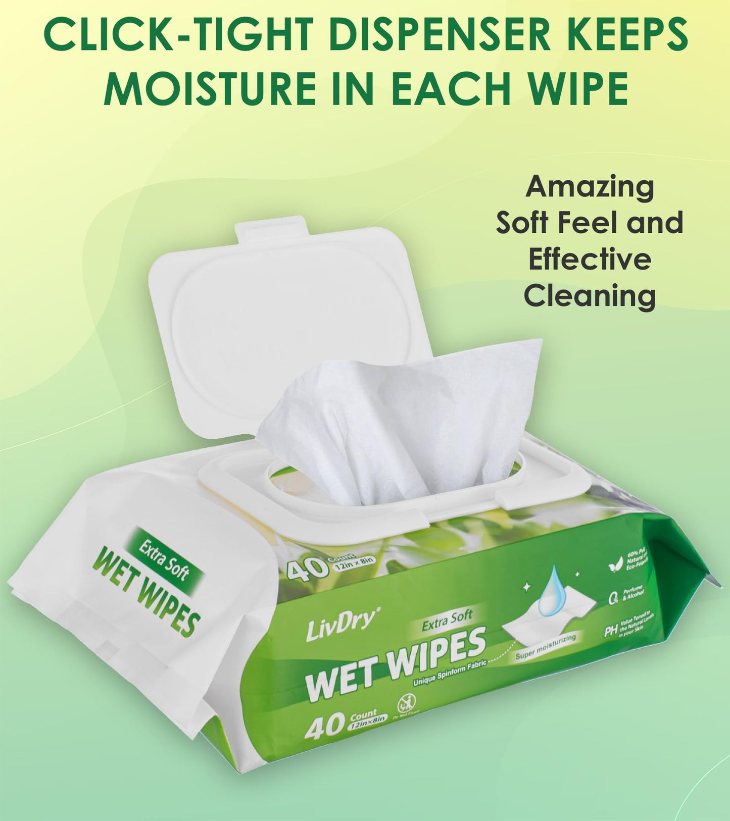 LivDry Adult Wet Wipes, Large Disposable Washcloths 12x8 Inches, Wipes for Elderly, Body Wash Wipes for Cleaning, 40 Count (6 Pack)