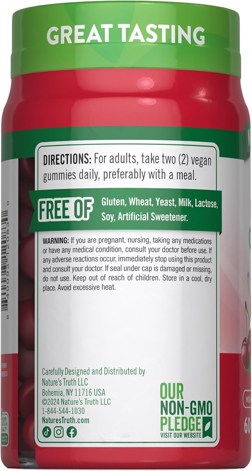 Nature's Truth Tart Cherry Gummies | 2000mg | 60 Count | Vegan, Non-GMO & Gluten Free Supplement | Cherry Flavor