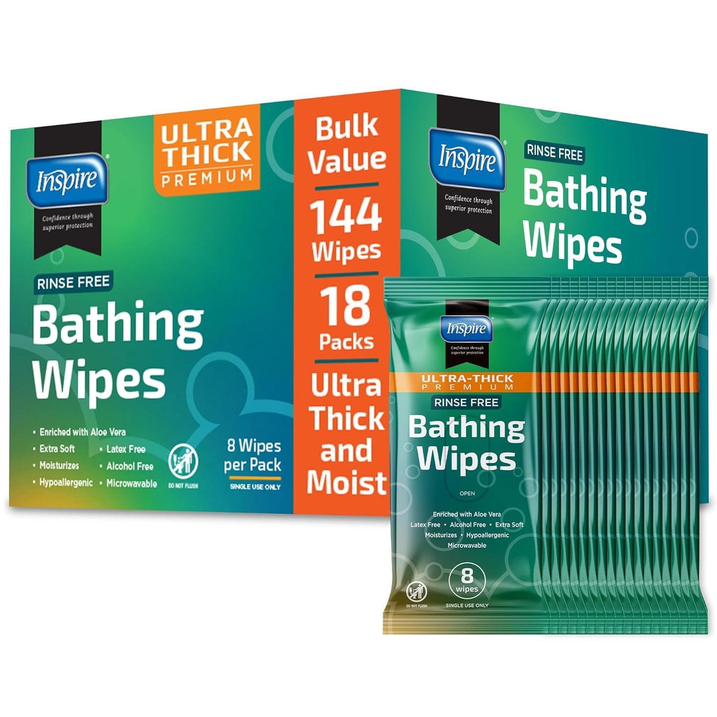 Inspire Rinse Free Body Wash Wipes | Bathing Wipes, Shower Wipes | Extra Large Adult Wipes With Aloe | Cleansing Adult Wipes | Body Wipes For Women And Men | Disposable Washcloths For Adults Bathing