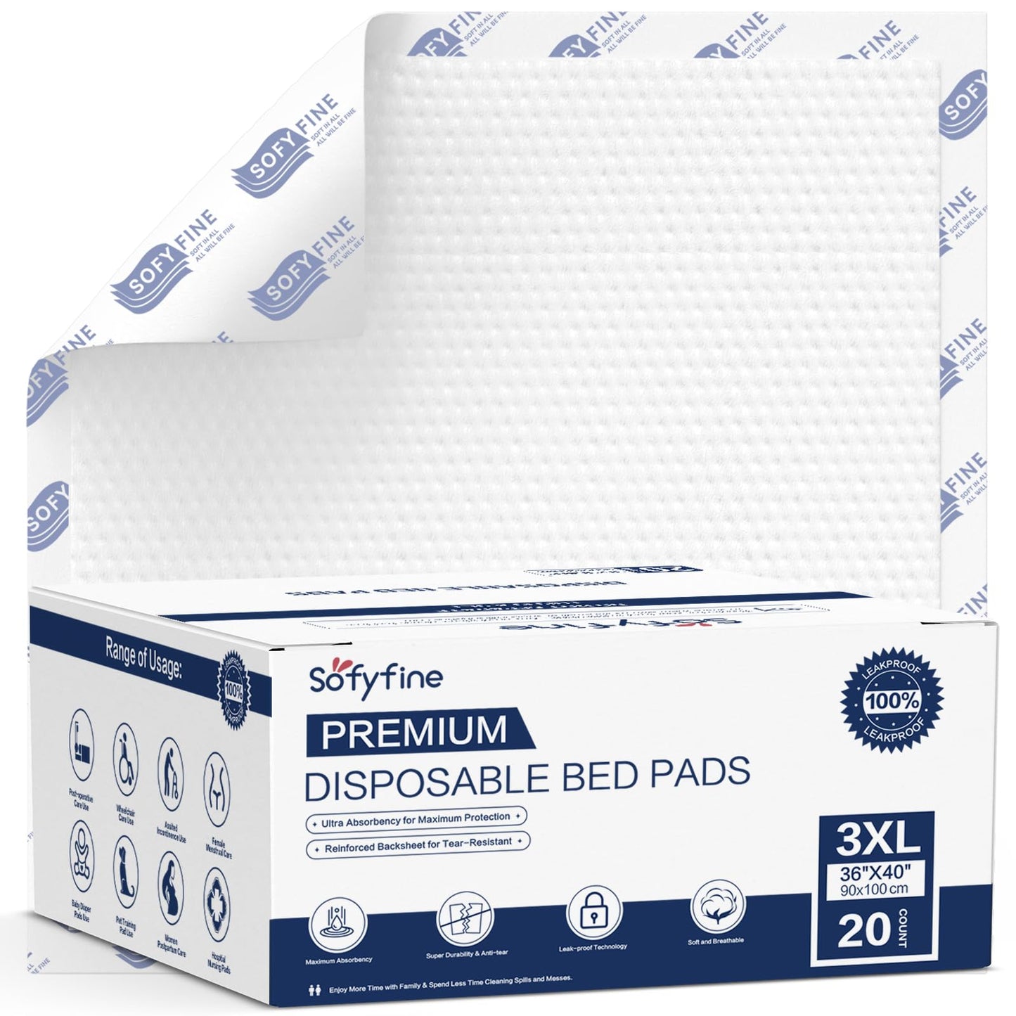 150 Gram Heavy Duty Chucks 40"x36" Disposable Tear Resistant Adult Incontinence Bed Pads,3XL Extra Large Thicken Puppy Pee Pad,10X Super Absorbency 360 Lb Transfer[20 Pads]