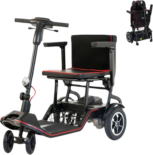 FeatherMobility - Black 4 Wheel Mobility Scooter 37 lb Frame - Long Range Battery, Compact Fold for Travel, with Arm Rests, and Basket - 265 lb Capacity