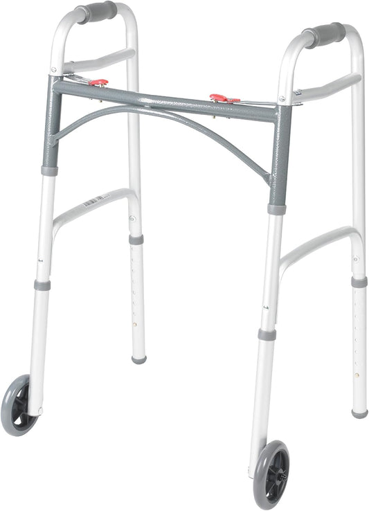 Drive Medical 10210-1 2-Button Folding Walker with Wheels – Lightweight, Adjustable & Reliable Mobility Aid