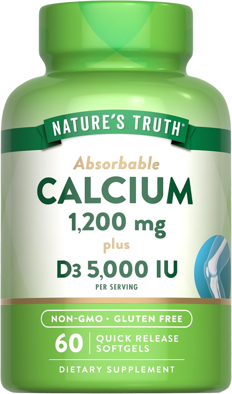Nature's Truth Calcium 1200mg with Vitamin D3 5000 IU | 60 Softgels | from Calcium Carbonate | Non-GMO & Gluten Free Supplement