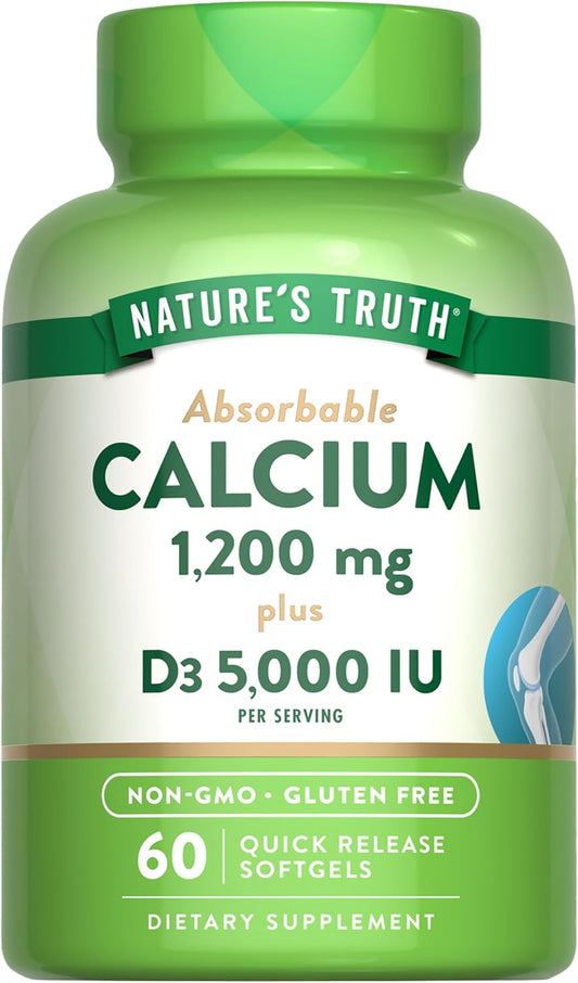 Nature's Truth Calcium 1200mg with Vitamin D3 5000 IU | 60 Softgels | from Calcium Carbonate | Non-GMO & Gluten Free Supplement