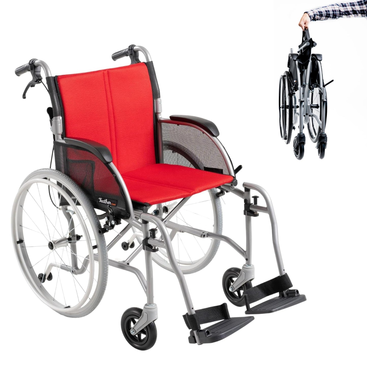 Feather Mobility - Red Cushion 13.5lb Silver Frame Lightweight Folding Wheelchair - Seat Width 18" with Swingaway Legrests, Anti-tippers, and Quick Release Wheels