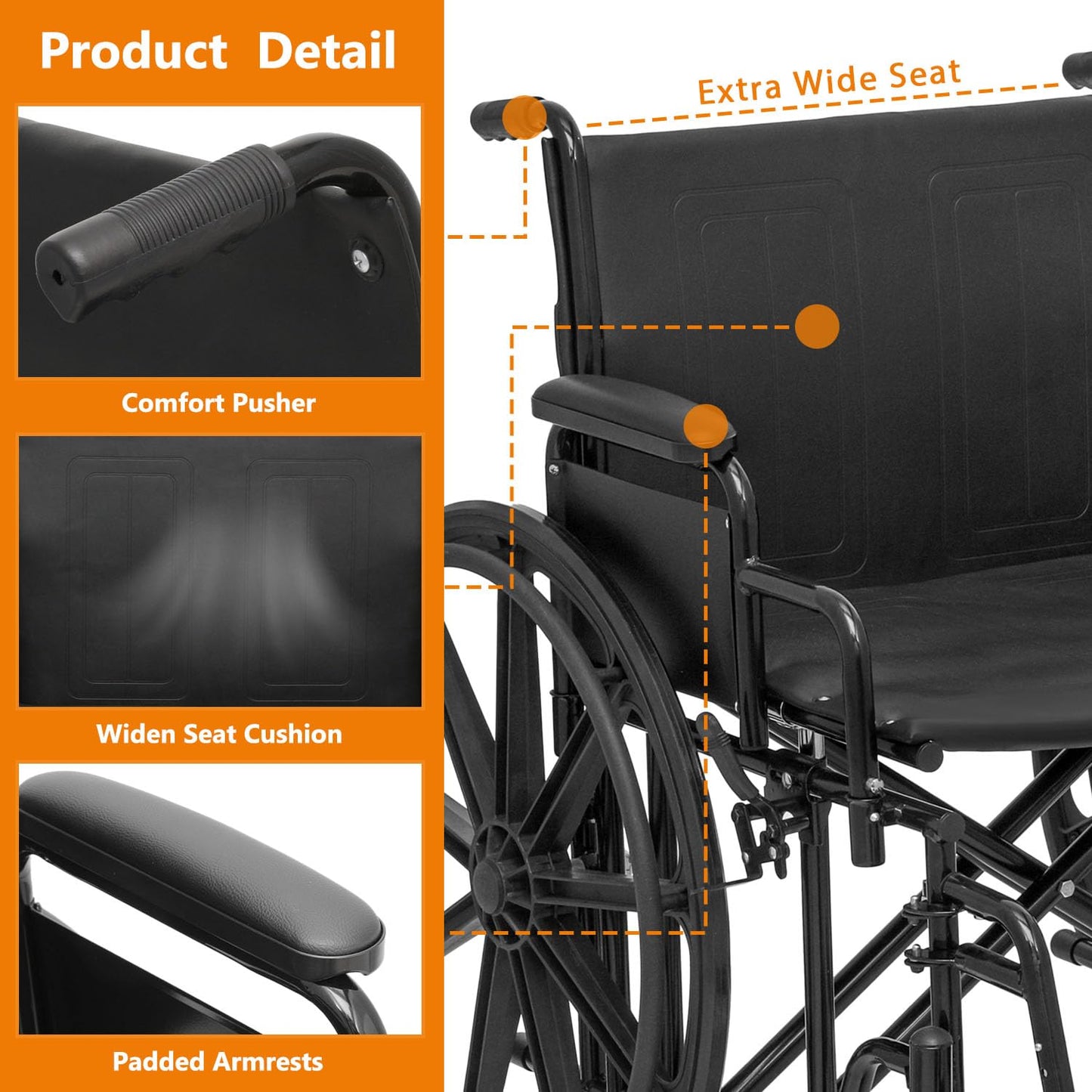 Self-Propelled Wheelchair, Extra Wide Folding Transport Bariatric Wheelhair with Swing-Away Foot Rest and Removable Flip Back Armrests, 24" Wide Seat for Adults Seniors Transfers, 500lbs, Blue