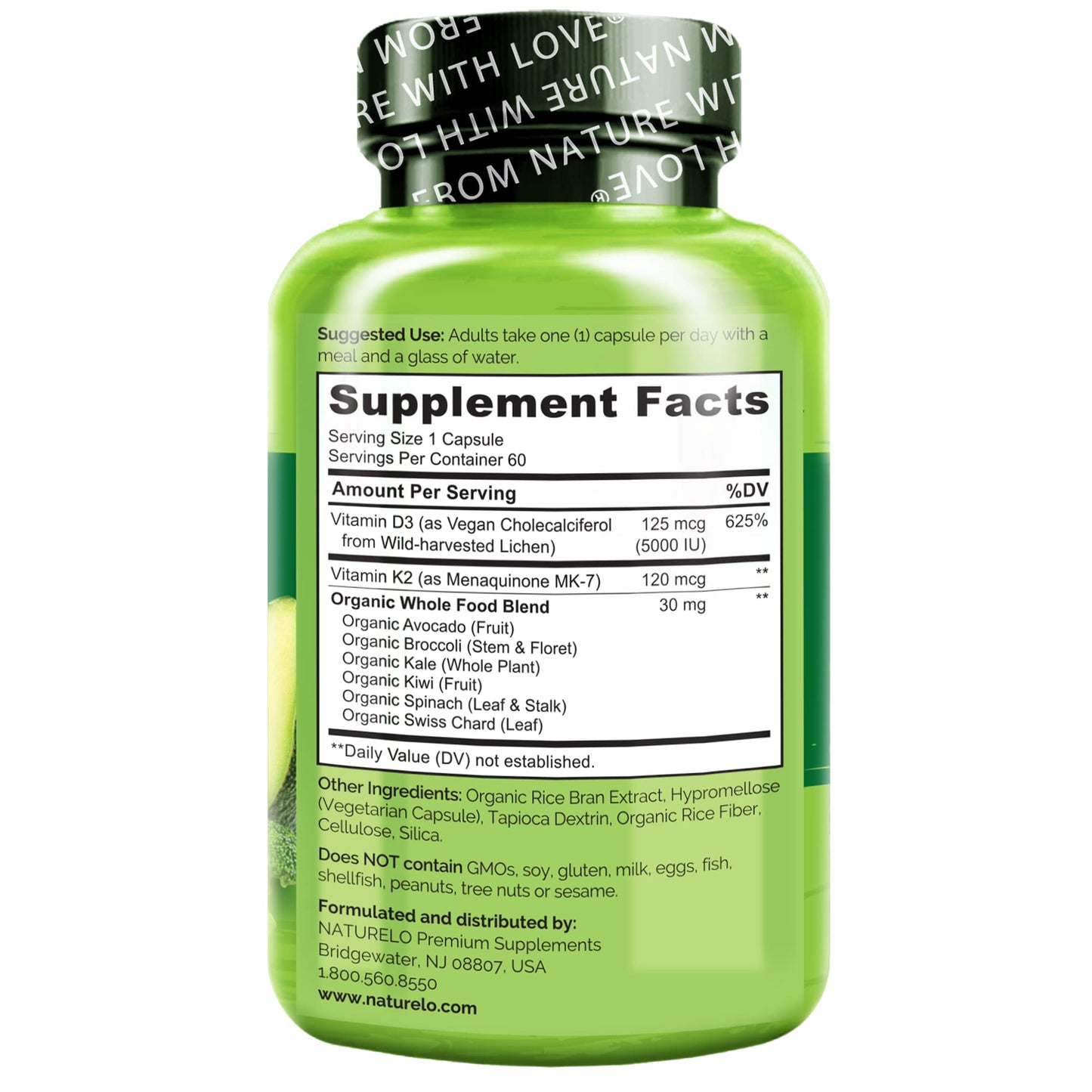 NATURELO Vitamin D3 K2 - Vegan K2+D3 with Plant Based D3 from Lichen - Natural D3 Supplement for Immune System, Bone Support, Heart Health - Whole Food - Non-GMO - Gluten Free, 60 Capsules