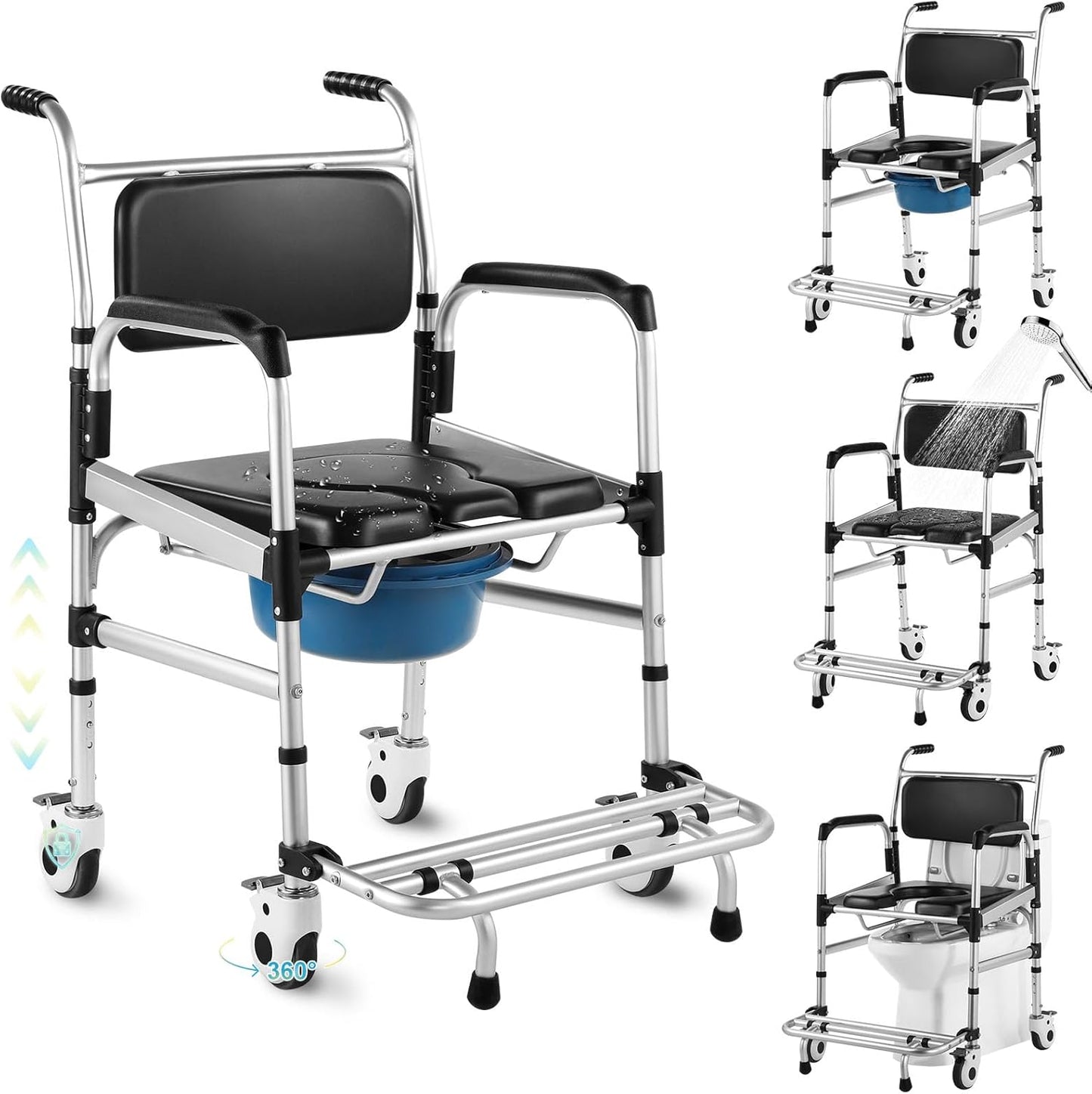 Enlarged Rolling Shower Chair – 4-in-1 Bariatric Commode Chair for Elderly & Post-Op Recovery