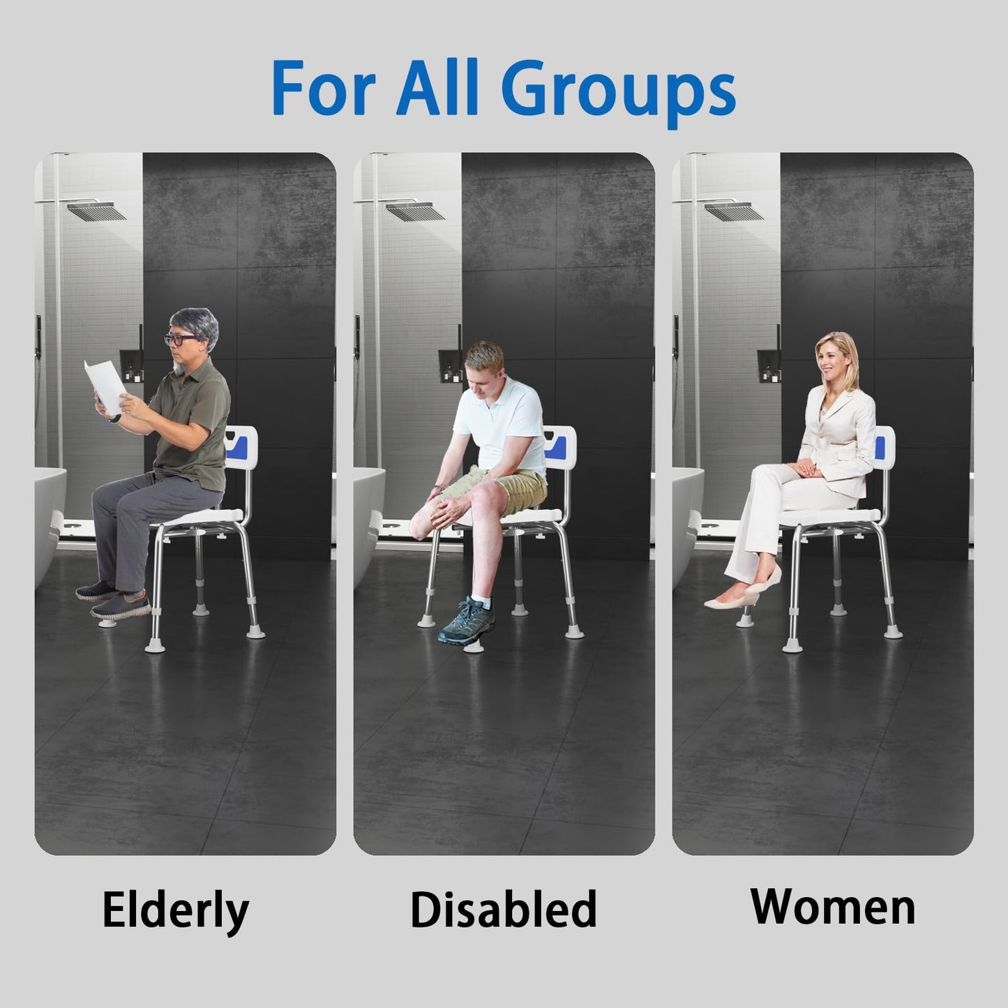 Adjustable Small Stool Shower Chair for Seniors Elderly Handicap Disabled Bariatric Adults Or Women with Back Heavy Duty 500 Lbs Bench Seat for Inside Shower Stall Bathroom Bath Tub Seats Chairs