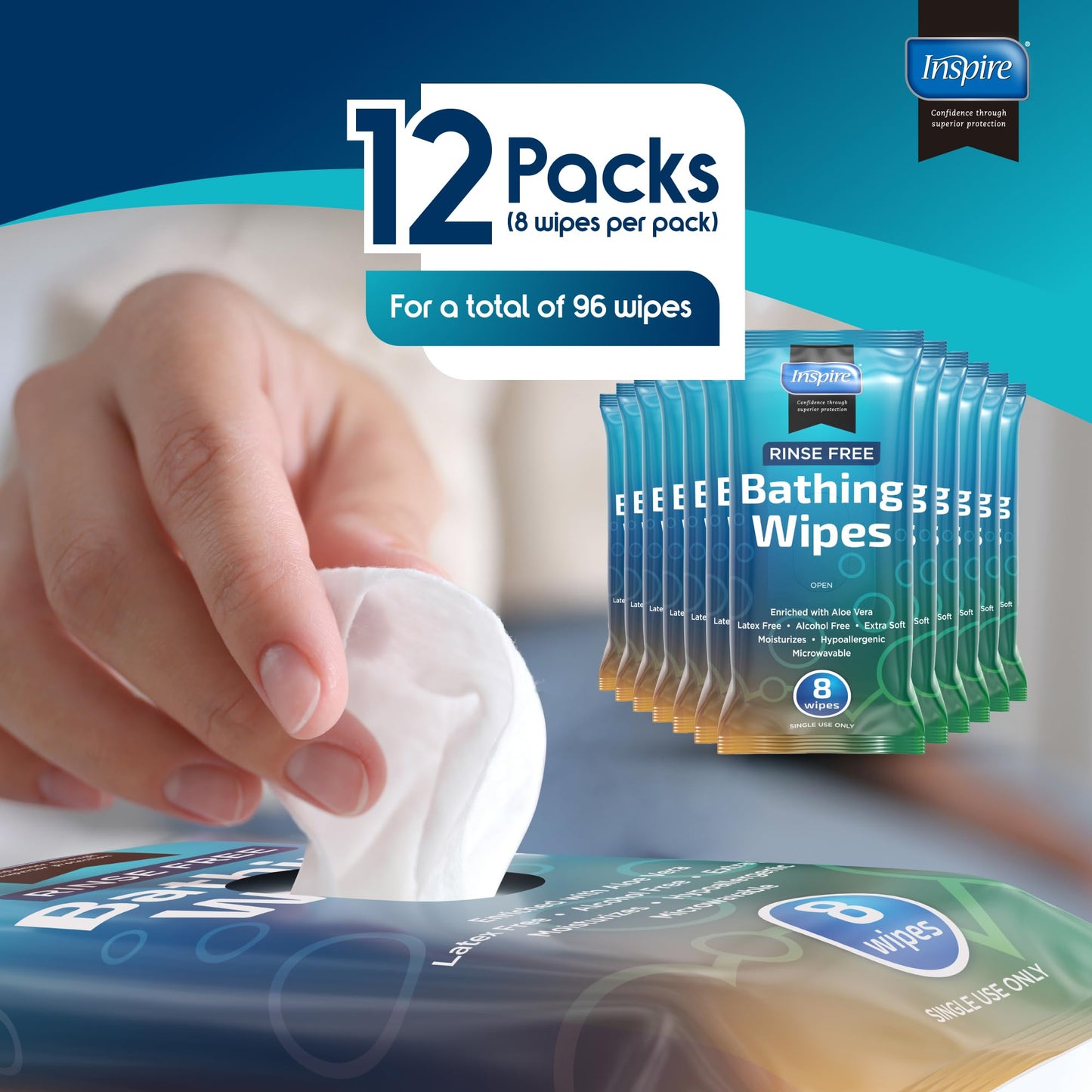 Inspire Rinse Free Body Wash Wipes | Bathing Wipes, Shower Wipes | Extra Large Adult Wipes With Aloe | Cleansing Adult Wipes | Body Wipes For Women And Men | Disposable Washcloths For Adults Bathing