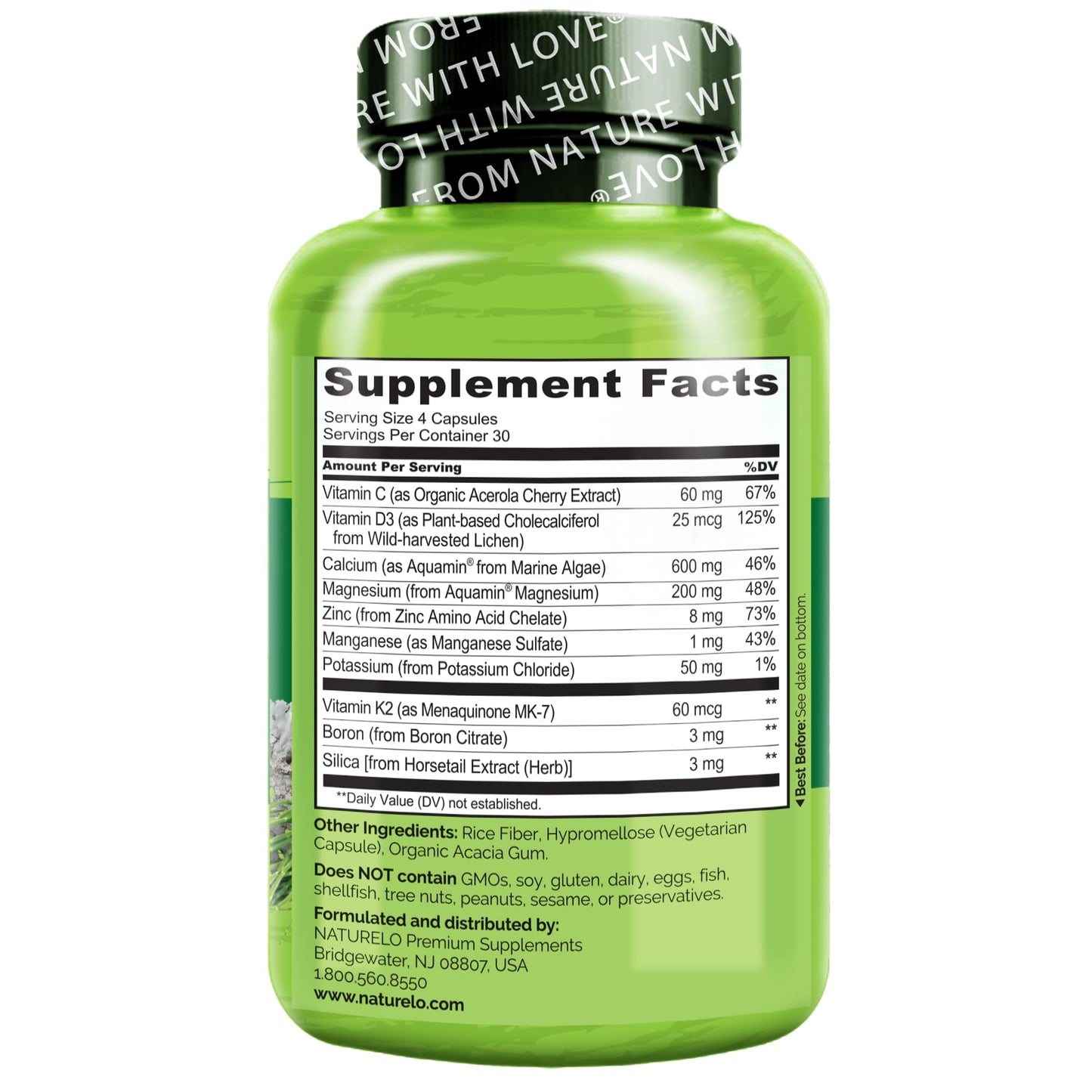 NATURELO Calcium Supplement - with Vitamin C, Vitamin D3, K2, and Calcium Magnesium Zinc for Bone Strength with Calcium 600mg - Plant-Based, 120 Vegetarian Capsules, Non-GMO, Soy & Gluten-Free