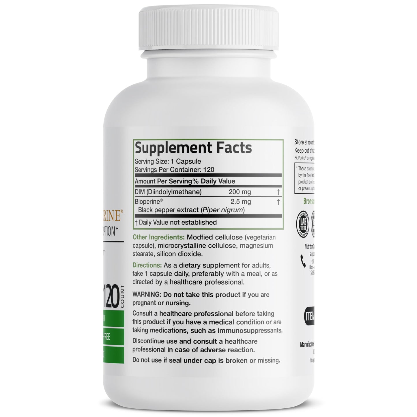 Bronson DIM 200 MG Supplement Diindolymethane with BioPerine for Enhanced Absorption, Estrogen Metabolism & Maintains Balanced Hormone Levels, 60 Vegetarian Capsules