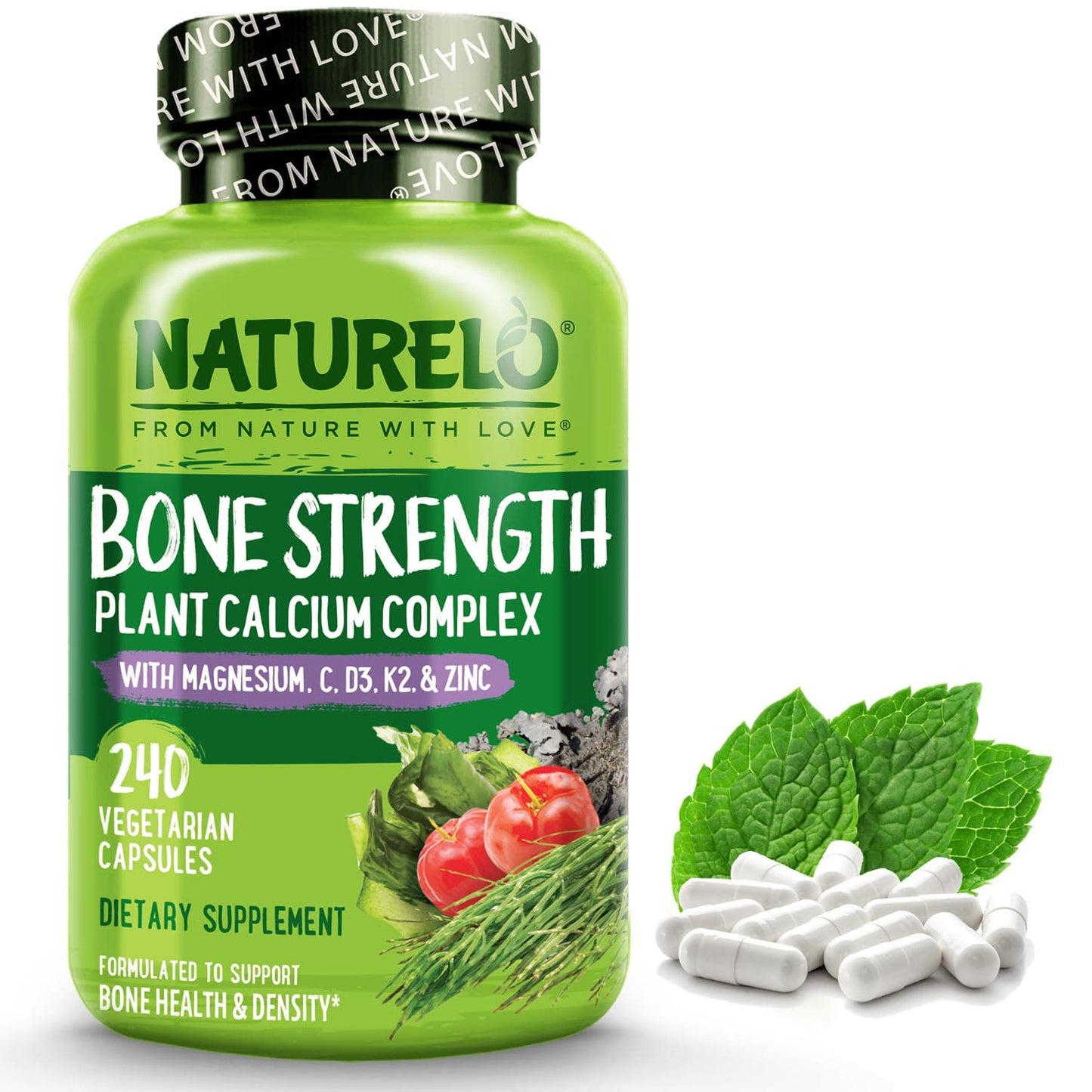 NATURELO Calcium Supplement - with Vitamin C, Vitamin D3, K2, and Calcium Magnesium Zinc for Bone Strength with Calcium 600mg - Plant-Based, 120 Vegetarian Capsules, Non-GMO, Soy & Gluten-Free
