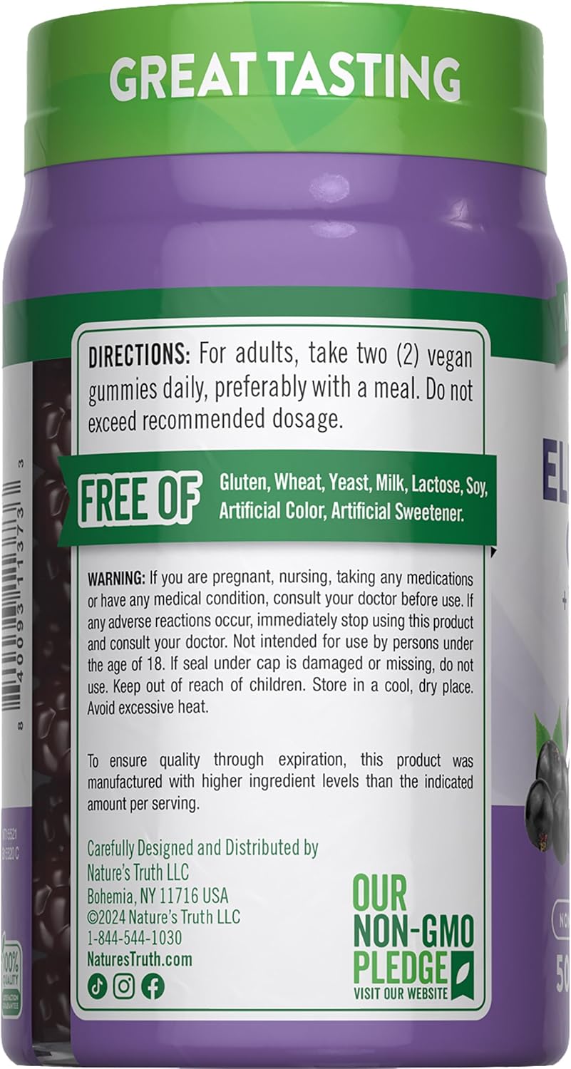 Nature's Truth Black Elderberry Gummies | 50 Vegan Gummies | with Vitamin C and Zinc | Berry Flavor | Vegan, Non-GMO, and Gluten Free Supplement