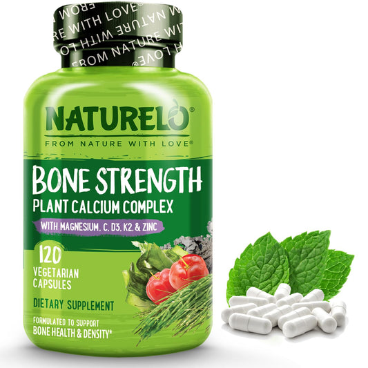 NATURELO Calcium Supplement - with Vitamin C, Vitamin D3, K2, and Calcium Magnesium Zinc for Bone Strength with Calcium 600mg - Plant-Based, 120 Vegetarian Capsules, Non-GMO, Soy & Gluten-Free