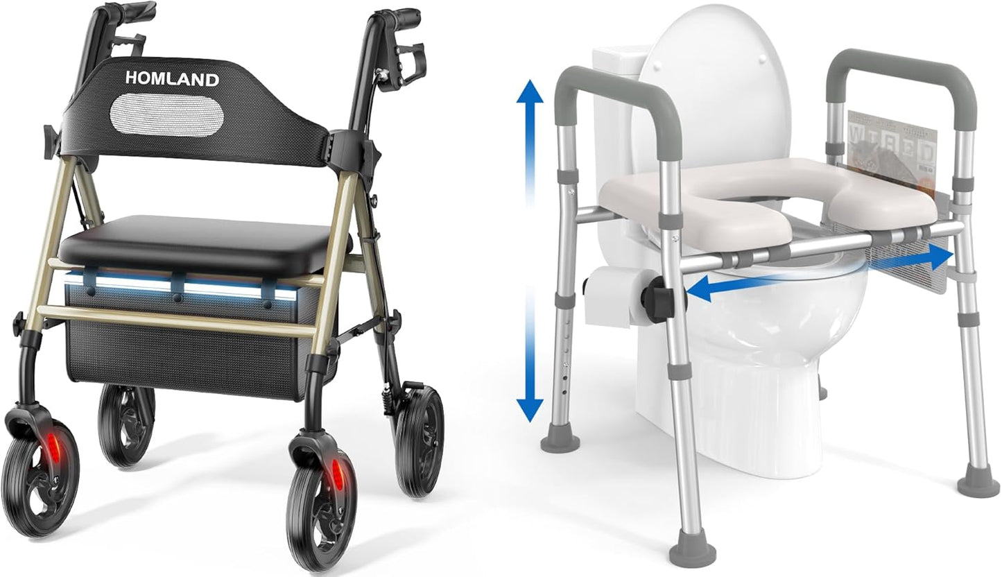 Rollator Walker with Seat and Raised Toilet Seat with Handles