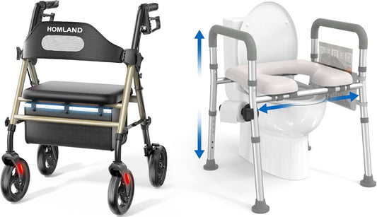 Rollator Walker with Seat and Raised Toilet Seat with Handles