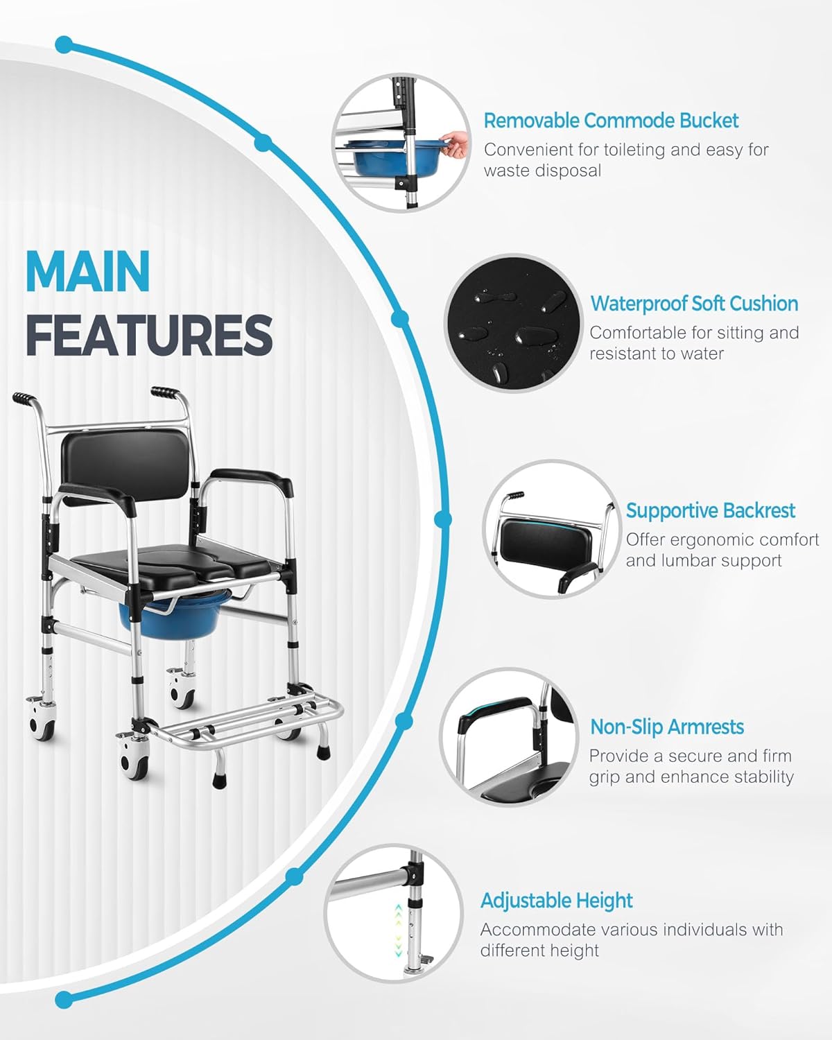Enlarged Rolling Shower Chair – 4-in-1 Bariatric Commode Chair for Elderly & Post-Op Recovery