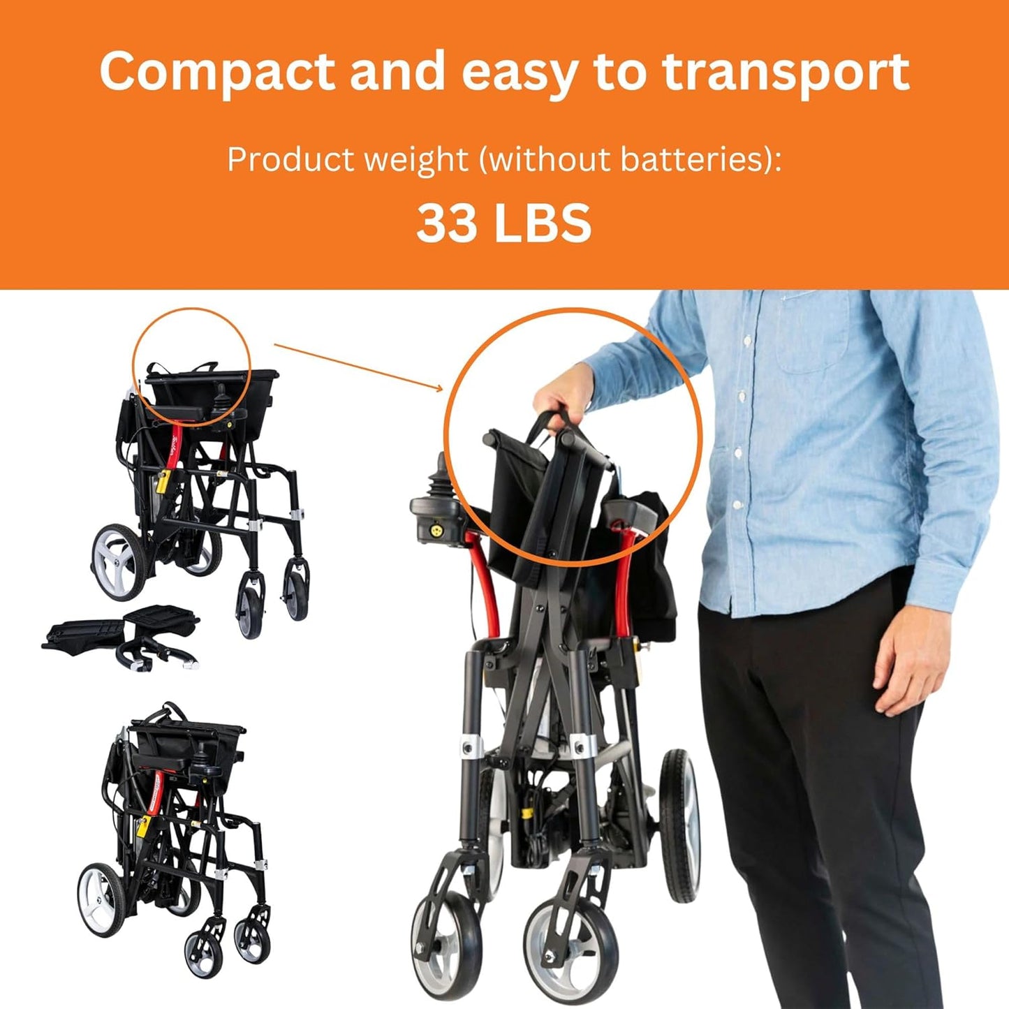 FeatherMobility - Black Lightweight Foldable Electric Power Wheelchair - Left Hand Joystick - 33lb Frame