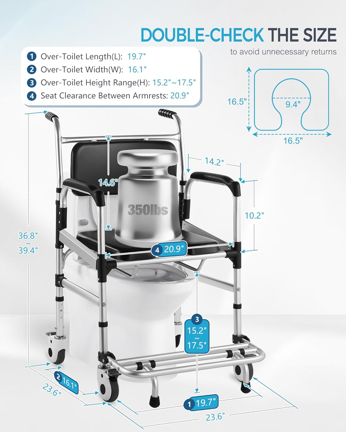 Enlarged Rolling Shower Chair – 4-in-1 Bariatric Commode Chair for Elderly & Post-Op Recovery