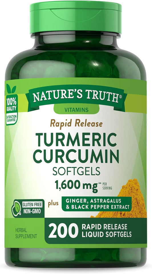 Nature's Truth Turmeric Curcumin Complex | Plus Ginger, Astragalus, & Black Pepper Extract | 200 Rapid Release Softgels | Non-GMO and Gluten Free Supplement