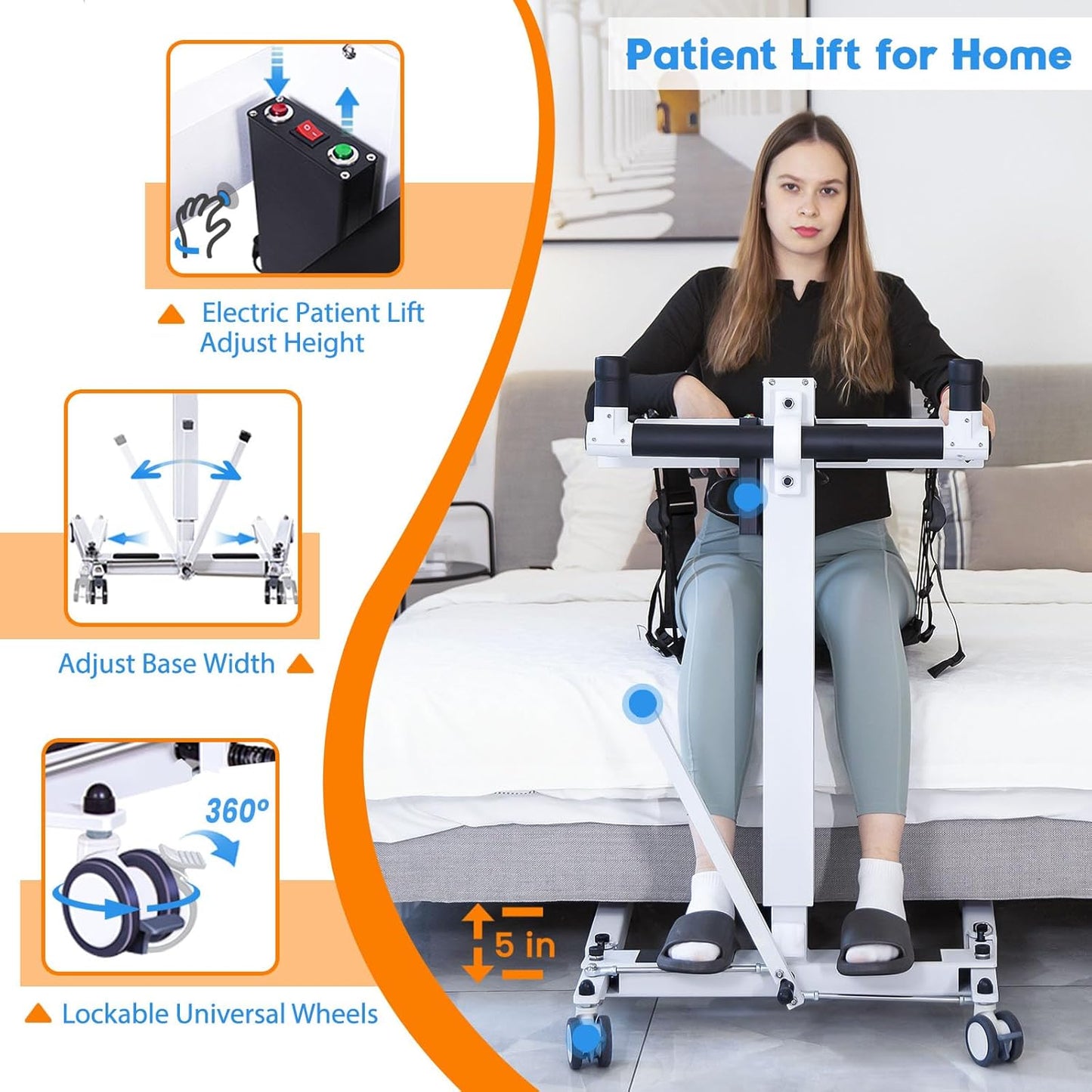 Electric Patient Lift Transfer Wheelchair,Portable Patient Lift Transfer Chair for Home,Foldable Transfer Lift Chair for Car,Shower Toilet Chair with Arms and Back for Seniors