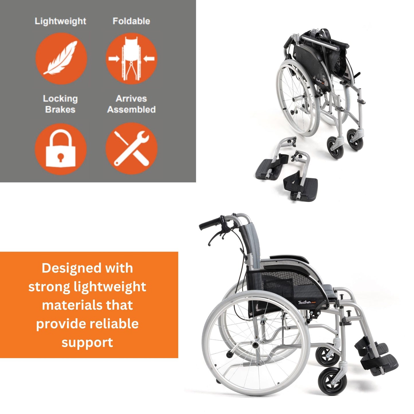 Feather Mobility - Red Cushion 13.5lb Silver Frame Lightweight Folding Wheelchair - Seat Width 18" with Swingaway Legrests, Anti-tippers, and Quick Release Wheels