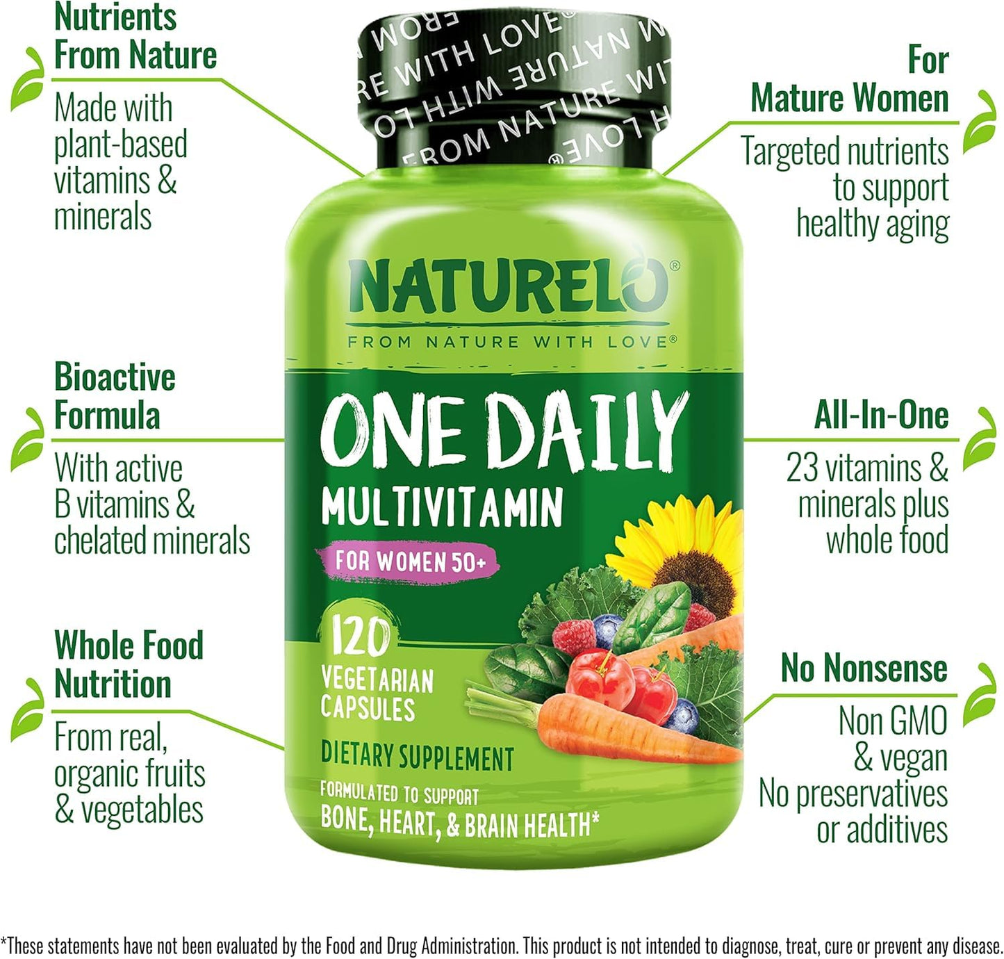 NATURELO One Daily Multivitamin for Women 50+ (Iron Free) - Menopause Support for Women Over 50 - Whole Food Supplement - Non-GMO - No Soy - 60 Capsules - 2 Month Supply