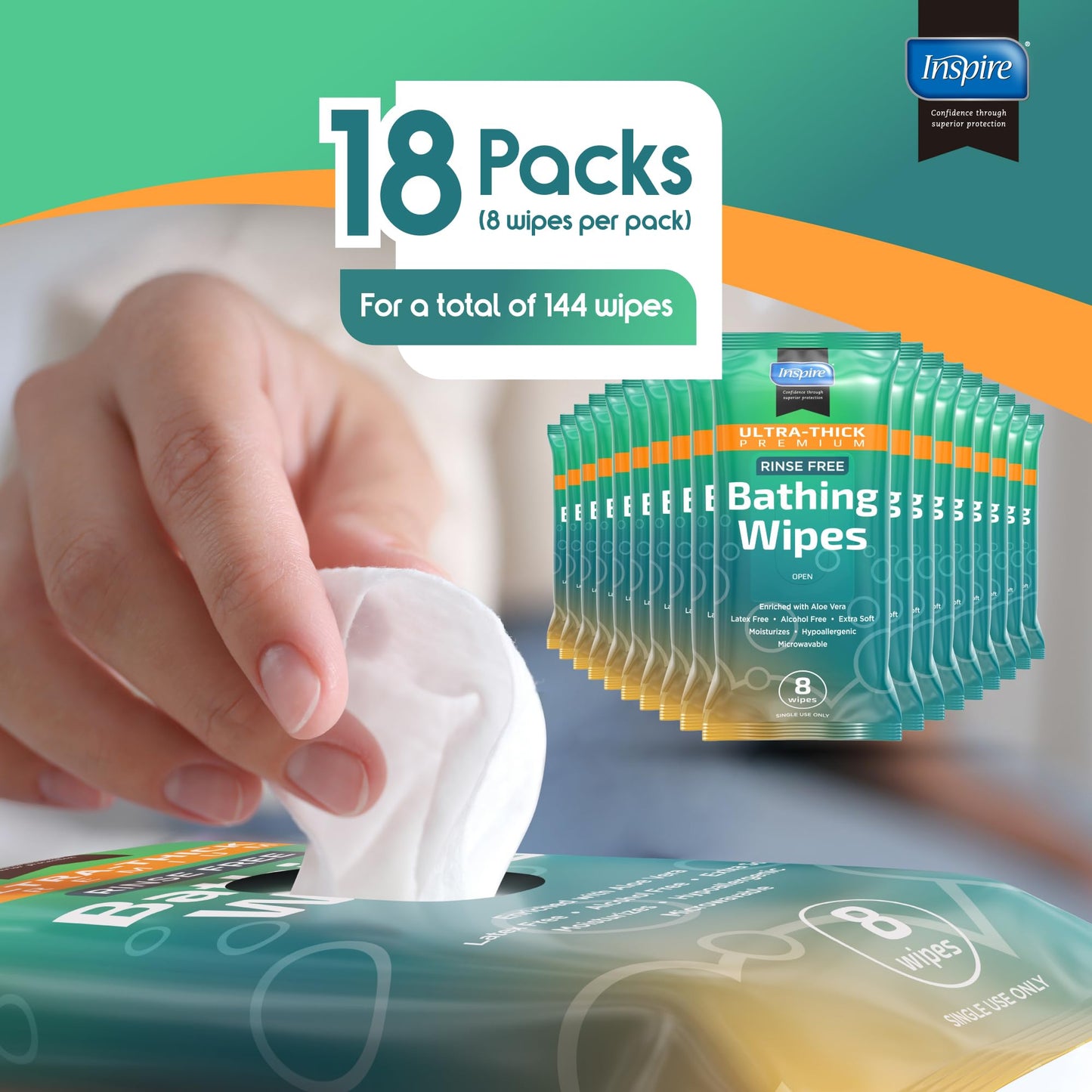 Inspire Rinse Free Body Wash Wipes | Bathing Wipes, Shower Wipes | Extra Large Adult Wipes With Aloe | Cleansing Adult Wipes | Body Wipes For Women And Men | Disposable Washcloths For Adults Bathing
