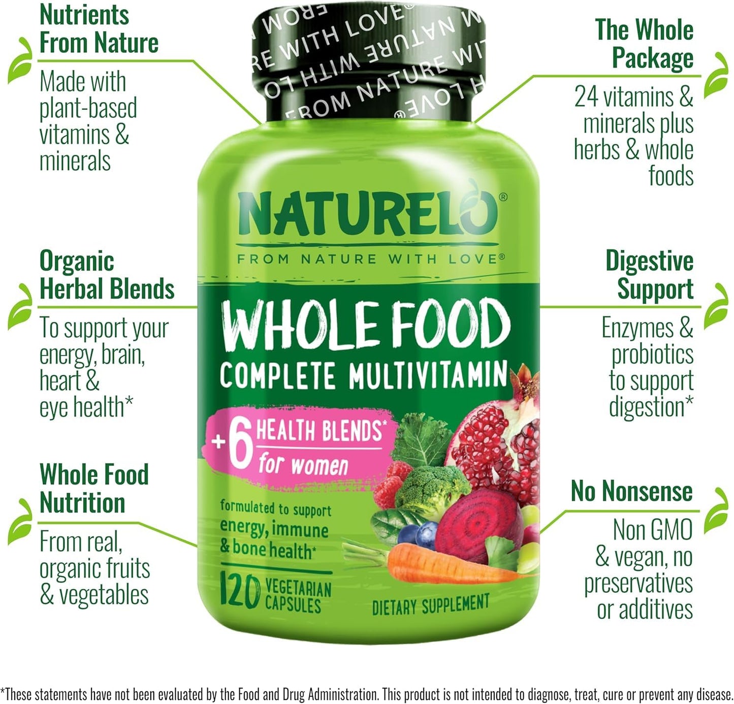 NATURELO Whole Food Multivitamin for Women - with Vitamins, Minerals, & Organic Extracts - Supplement for Energy and Heart Health - Non GMO - 120 Vegan Capsules